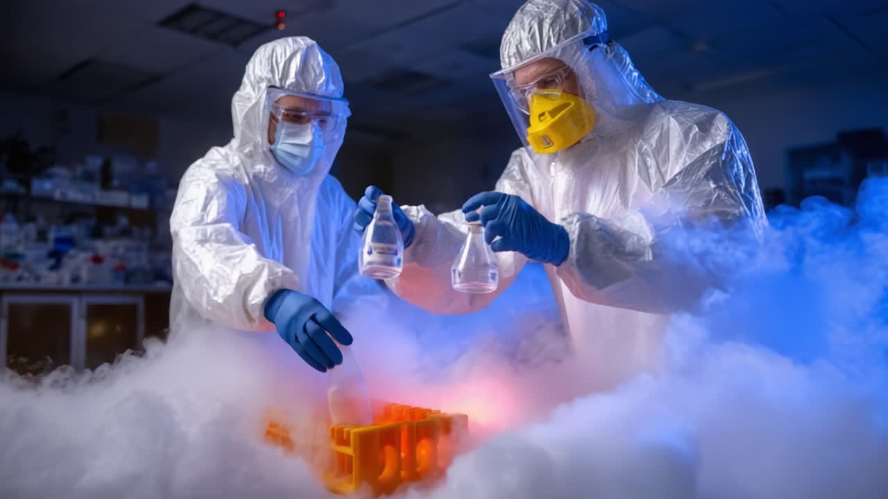 Two scientists in protective gear conduct a chemical experiment involving fog and illuminated lab equipment, showcasing the fascinating intersection of safety and scientific discovery