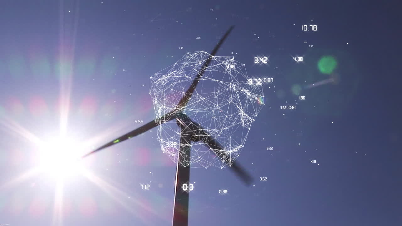 연결 네트워크의 애니메이션과 풍력 터빈을 통한 데이터 처리