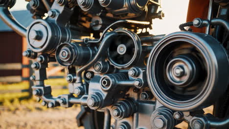 close-up of complex engine or machinery with rural background