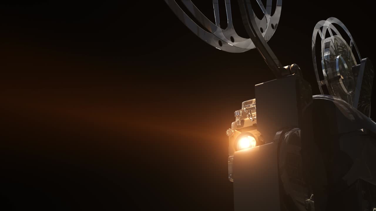 Proiettore cinematografico in funzione. Raggio di luce del proiettore che riflette 3