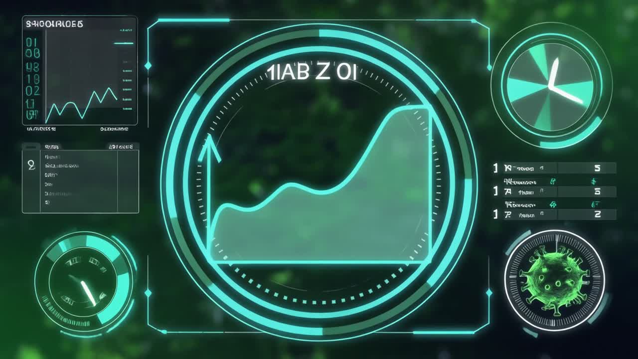 Futuristic Digital Interface Displaying Scientific Data and Virus