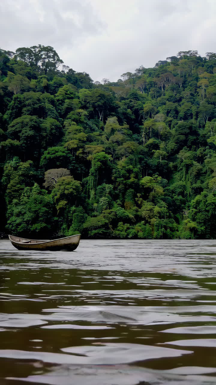 Wooden Boat on a River Surrounded by Lush Green Jungle
