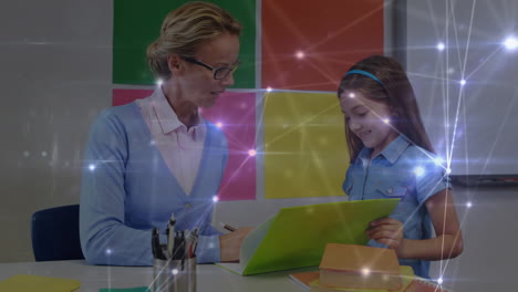 animación de una red de conexiones sobre un maestro y una escolar feliz y diversa