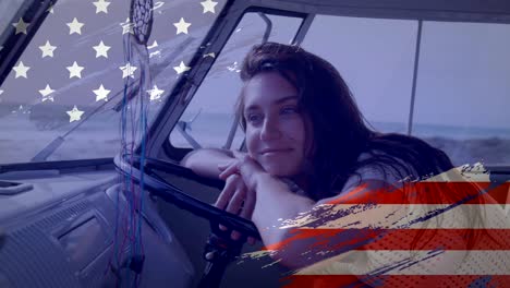 animation of american flag drawn over caucasian woman leaning on steering wheel sitting in car