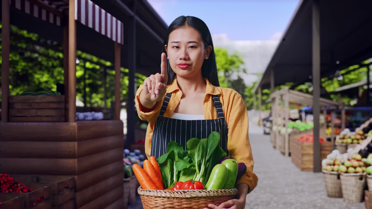 Agricultora asiática con una cesta de verduras mostrando un gesto de prohibición con un dedo, señal de tabú en un mercado de agricultores
