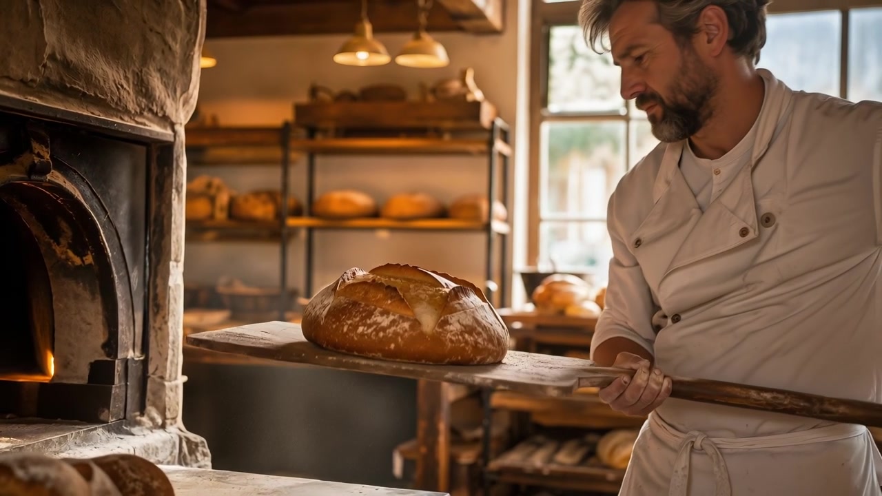 Panettiere professionista che usa una pala di legno per infornare pane artigianale in un forno a pietra tradizionale