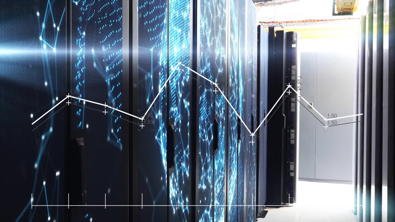 Overlaying data graph in animation with futuristic servers in high-tech data center