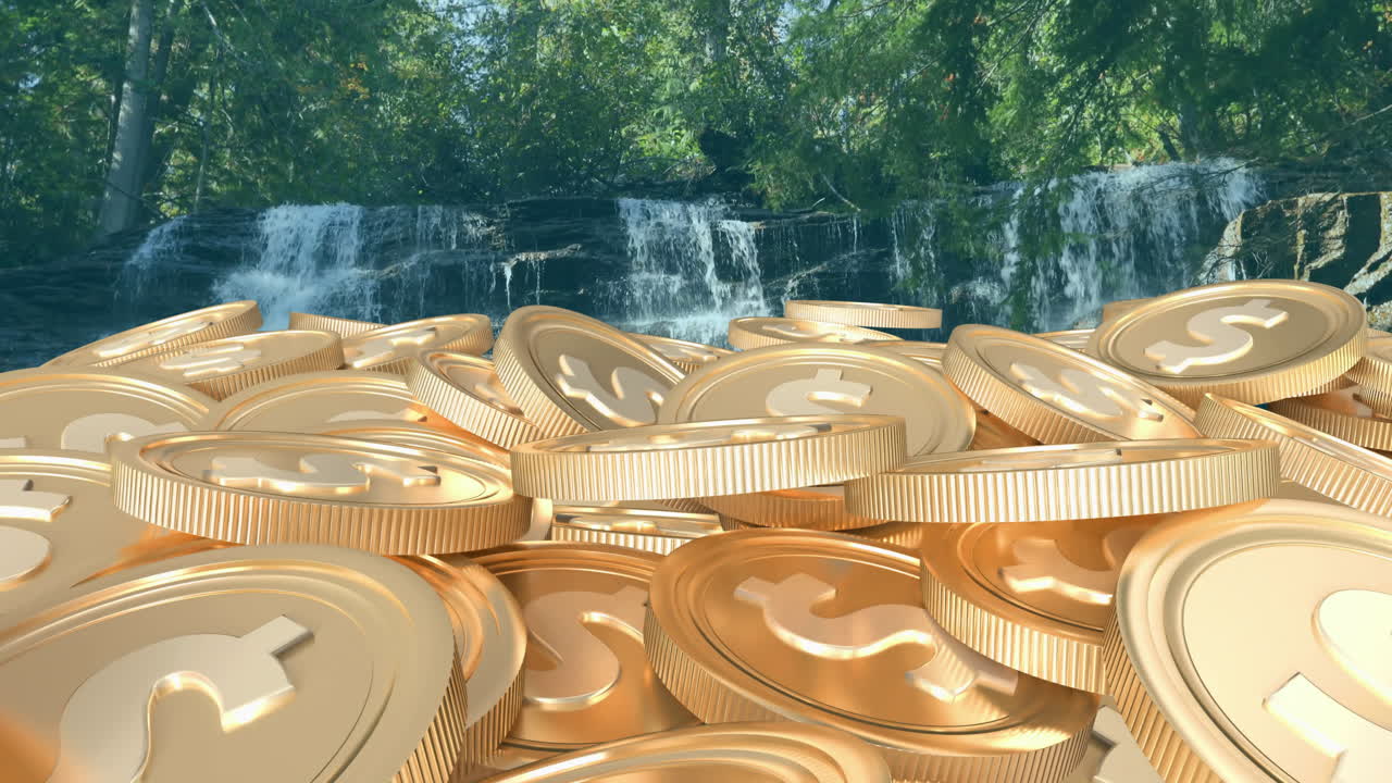 Stacked golden coins with dollar signs in animation of lush waterfall background