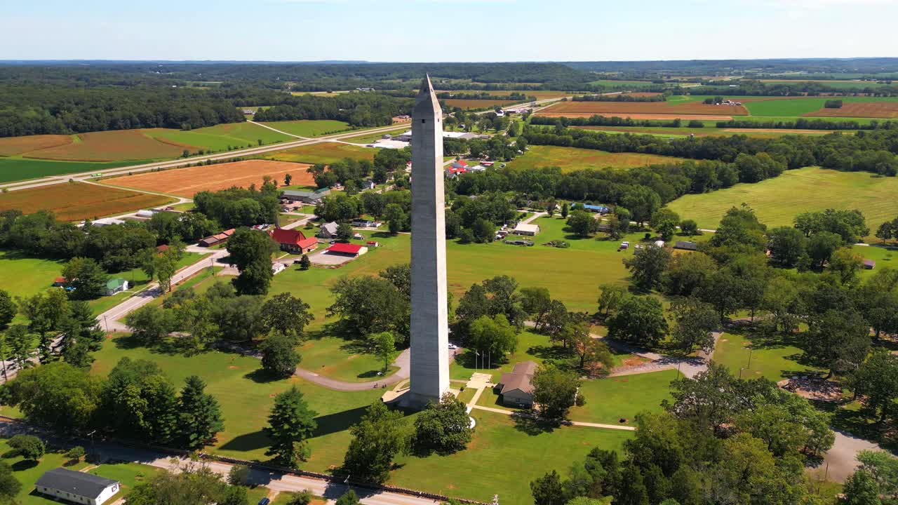 Aerial orbit of the Jefferson Davis Monument in Fairview, Kentucky, displaying the surrounding area
