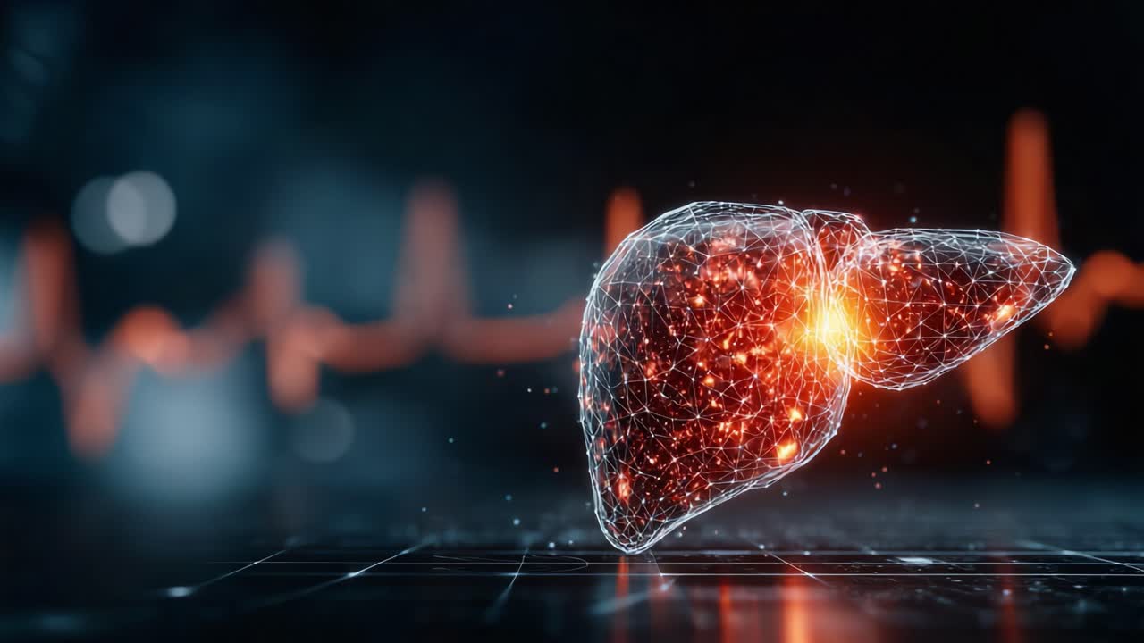 A Detailed Visualization of a Digital Liver Organ with Networked Structure and Vibrant Colors Against a Background of Heartbeat Graphs in a Health Concept Design