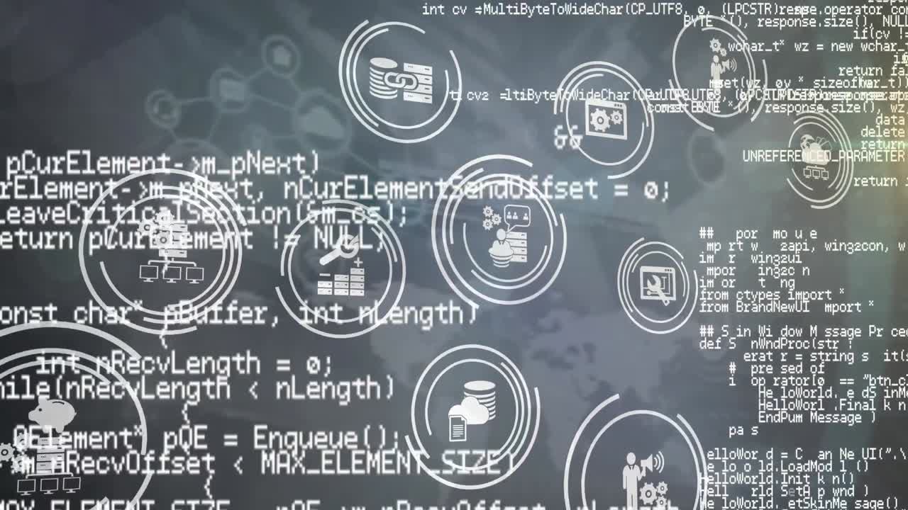 animación del procesamiento de datos y la red de iconos digitales sobre fondo gris