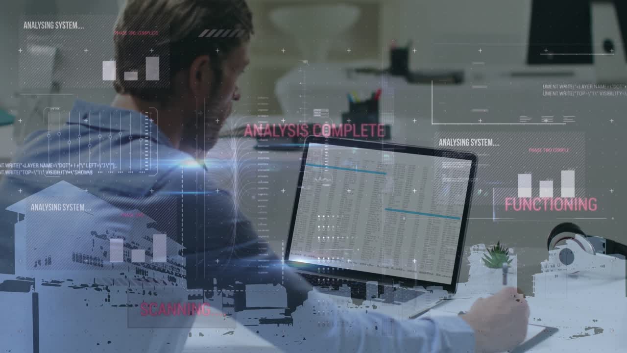 animación de procesamiento de datos estadísticos sobre hombre caucásico usando portátil y tomando notas en la oficina.