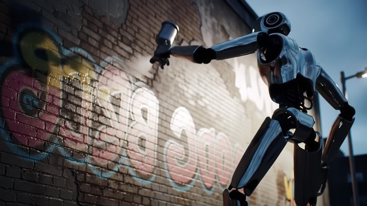 A futuristic robotic artist creating vibrant graffiti on an urban wall, showcasing its mechanical precision and blending technology with street art culture