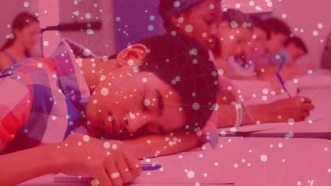 animation of network of connections moving over tired schoolboy sleeping on desk in class