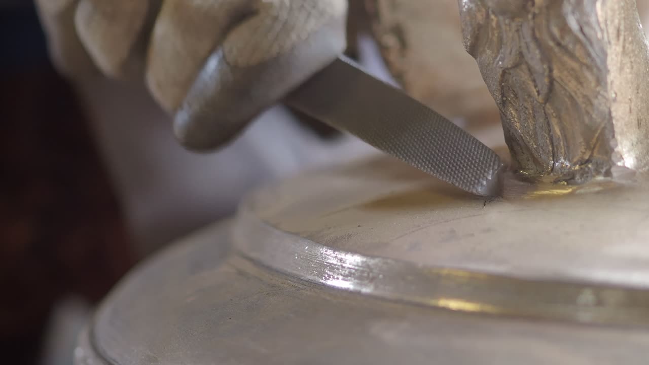 Gloved craftsman refines the sculpting base of a cast bronze bell using a handheld metal file to smooth the surface and remove imperfections in a detailed finishing phase, slow motion