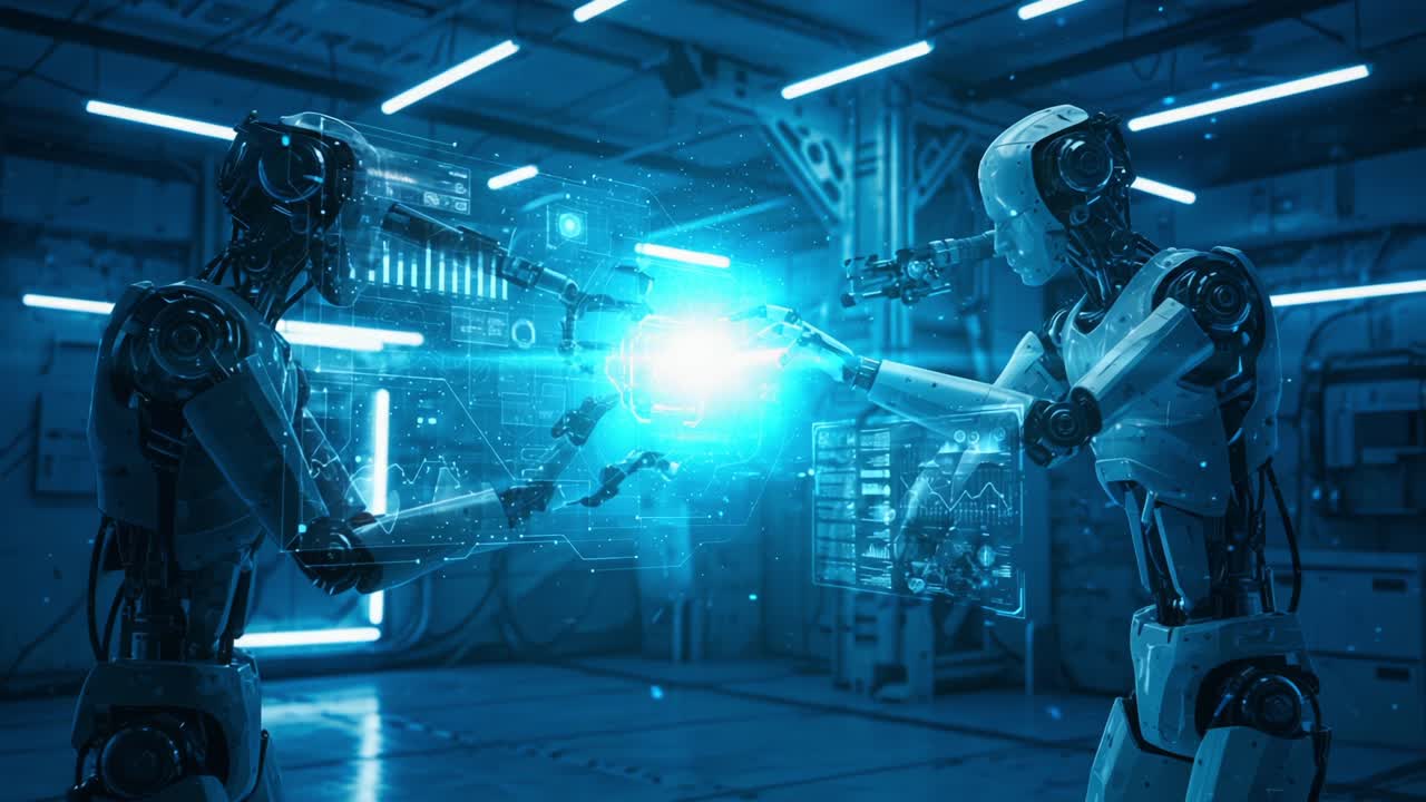 A Futuristic Encounter: Two Advanced Robots Engage in an Intricate Data Exchange, Illuminated by High-Tech Interfaces and Dynamic Light Effects in a Modern Lab Environment