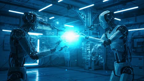 a futuristic encounter: two advanced robots engage in an intricate data exchange, illuminated by high-tech interfaces and dynamic light effects in a modern lab environment