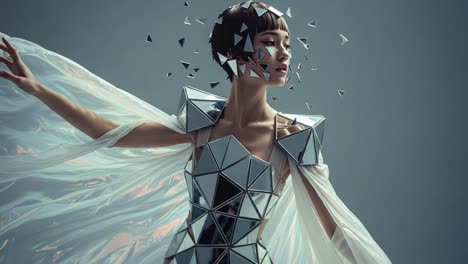 a surreal dance of reflection: a model adorned in geometric shards and ethereal fabrics, captured in a moment of artistic elegance and dynamic expression