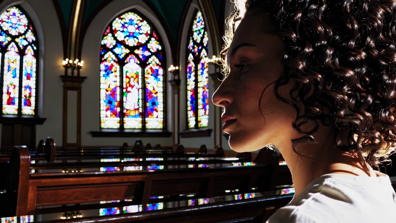 Side profile of a woman in a church with stained glass windows