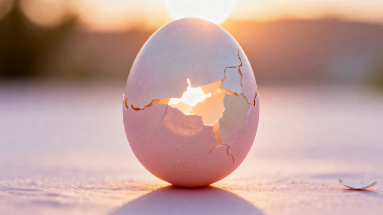 Sun aligning behind upright cracked eggshell, sun streaming through cracks on table, fragment right