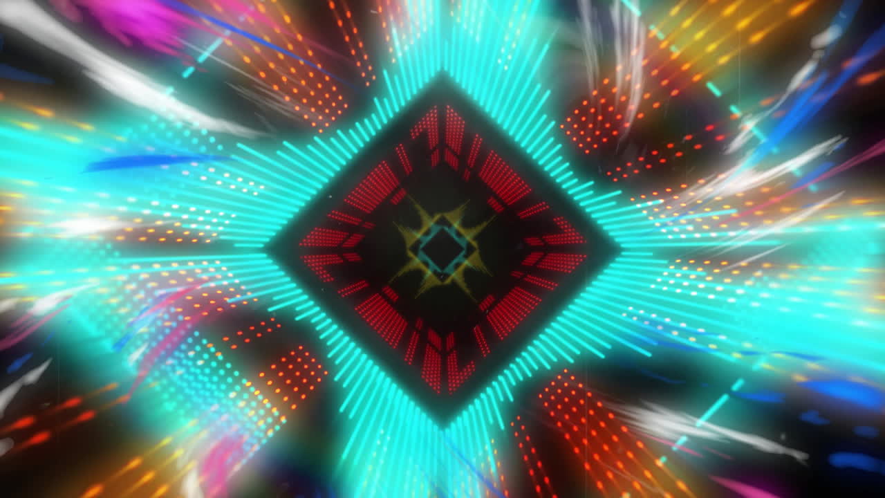 Colorful geometric shapes and light trails forming kaleidoscopic animation