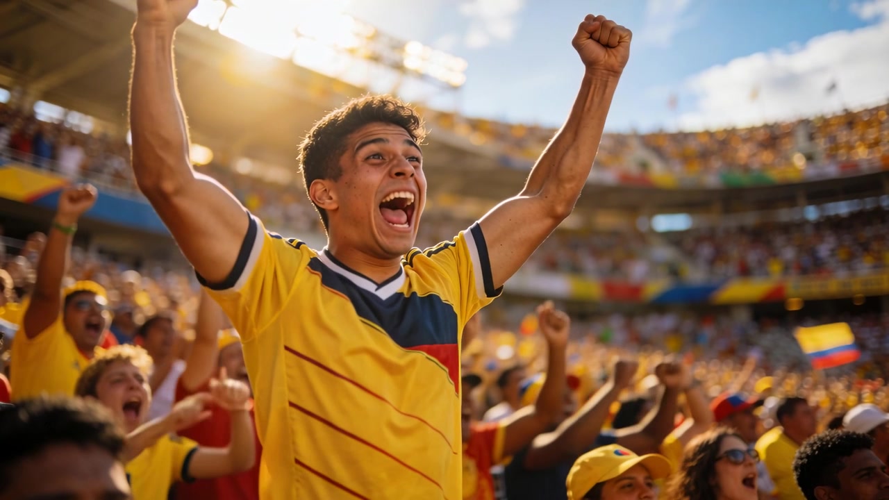 Aficionado masculino animando con camiseta amarilla del equipo reaccionando a un gol en las gradas abarrotadas del estadio, ondeando banderas