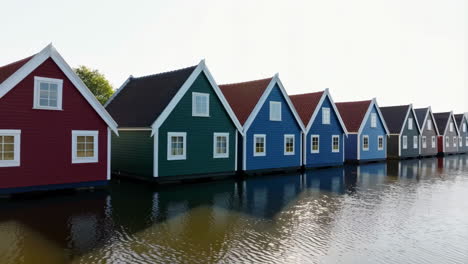 row of colorful houses on water with reflections