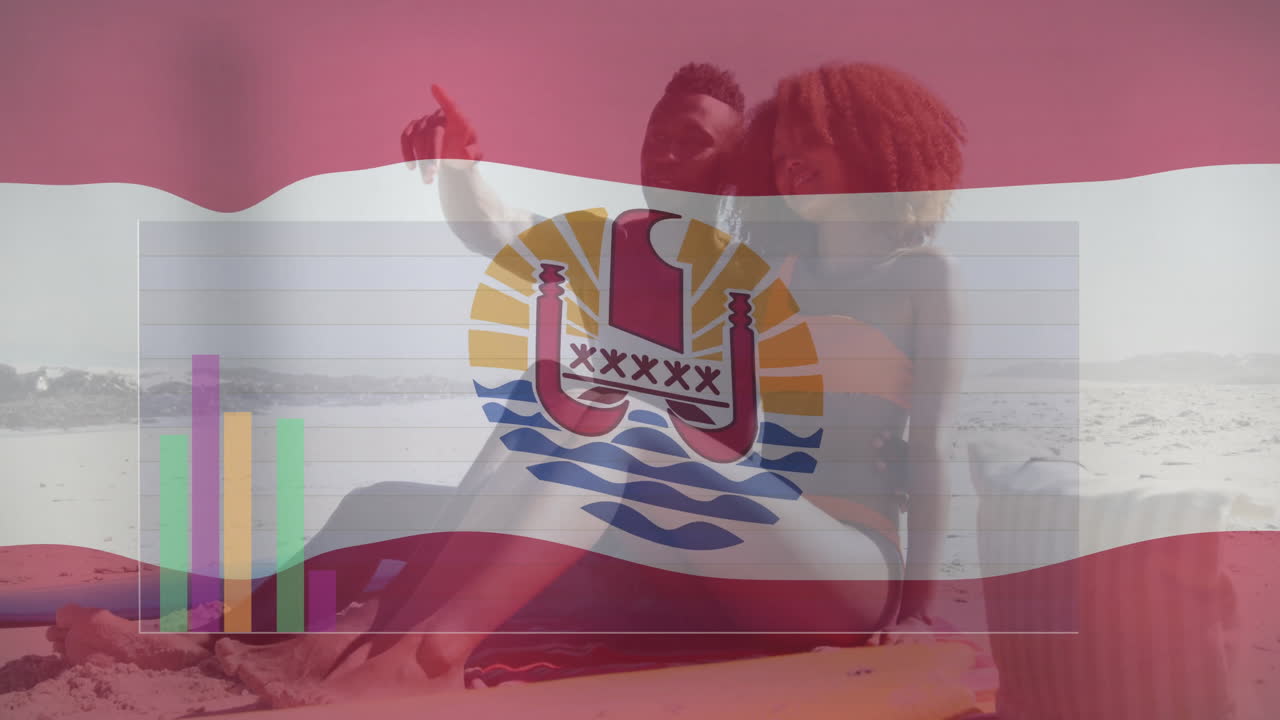 Sitting on beach, couple holding French Polynesia flag with bar graph animation