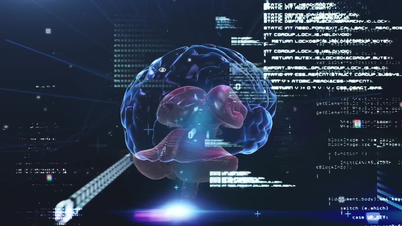 Animation of glowing human brain with digital interface data processing