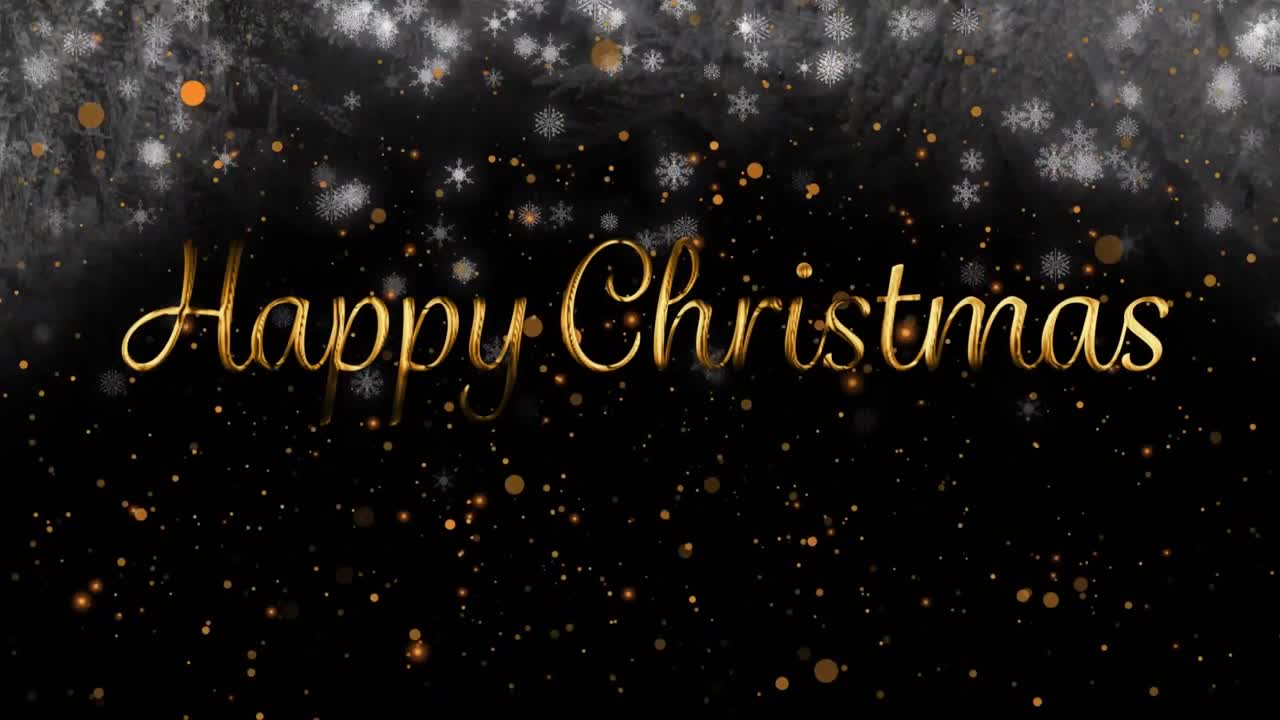 검은색 배경에 해피 크리스마스 텍스트 위에 눈이 떨어지고 밝은 반점이 있는 애니메이션.