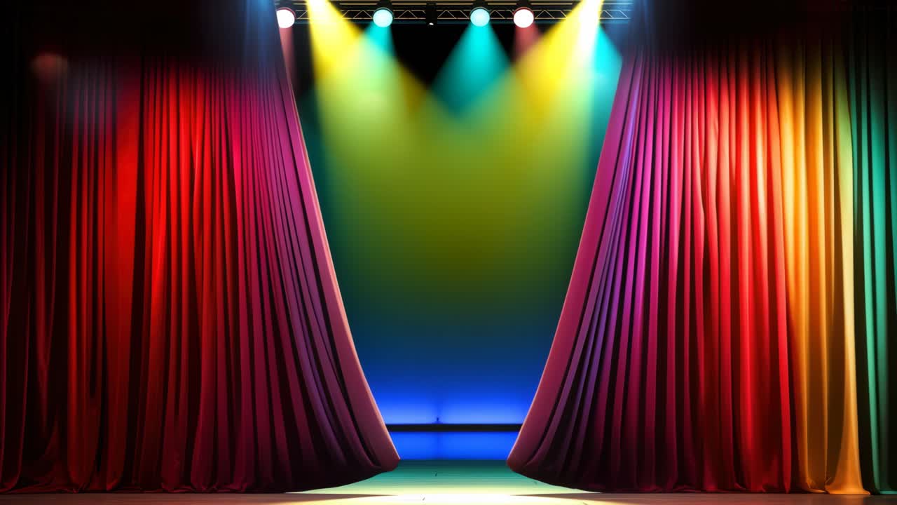 Vivaci tende da palcoscenico nei colori dell'arcobaleno, catturate da un'angolazione frontale, creano un effetto scenico.