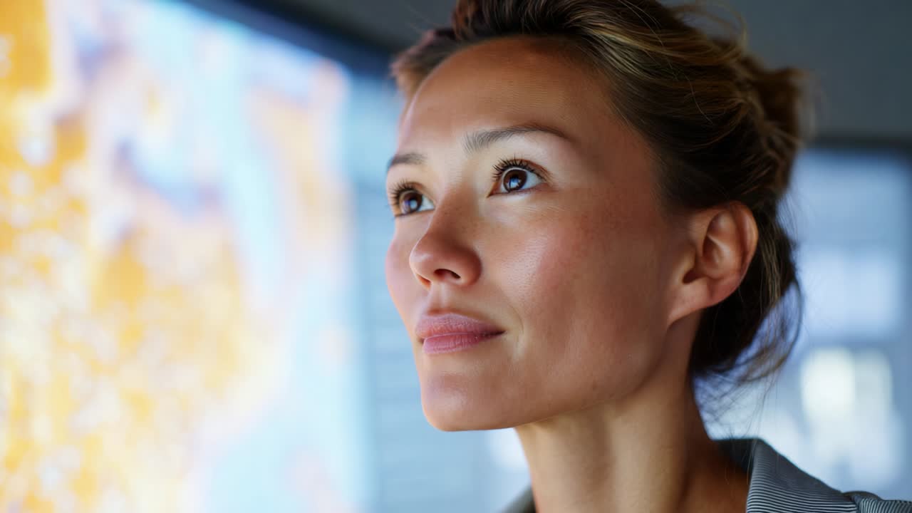 A woman's expression of curiosity and contemplation while gazing at an interactive display, emphasizing her thoughtful demeanor and engagement with the information presented in the background