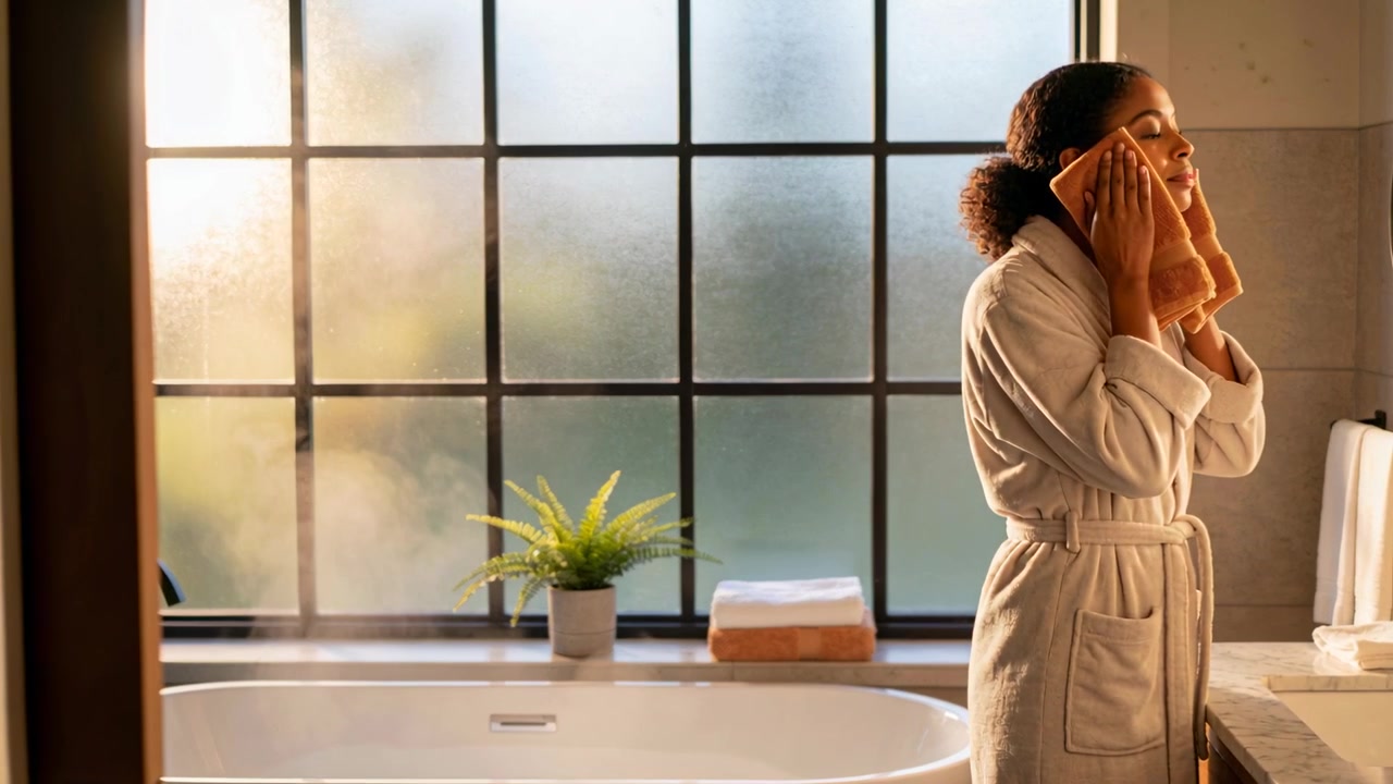 Finishing bath, woman in white bathrobe drying face with orange towel at vanity, copy space