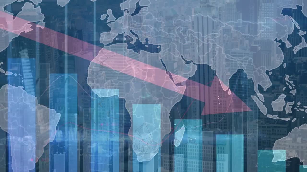 도시 풍경의 공중 시야에 대한 세계 지도에 대한 통계 데이터 처리의 애니메이션