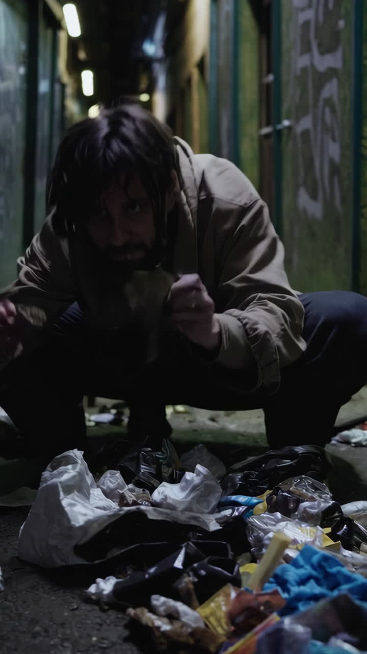 Homeless Person Searching Through Trash in an Urban Alley at Night