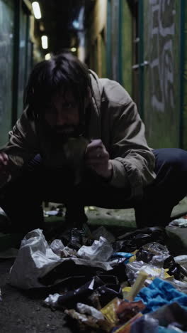 homeless person searching through trash in an urban alley at night