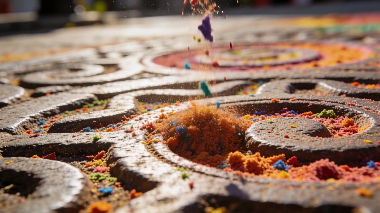Granuli fini e frammenti più grandi che cadono formando un cumulo a spirale su un vassoio intagliato, riempiendo le scanalature.