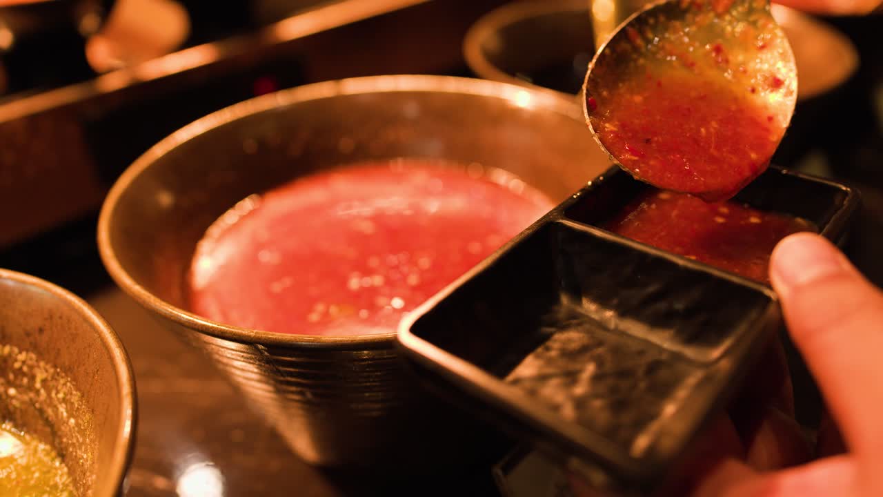 Hand ladles warm red sauce into black divided dish under soft, warm buffet lighting, close-up
