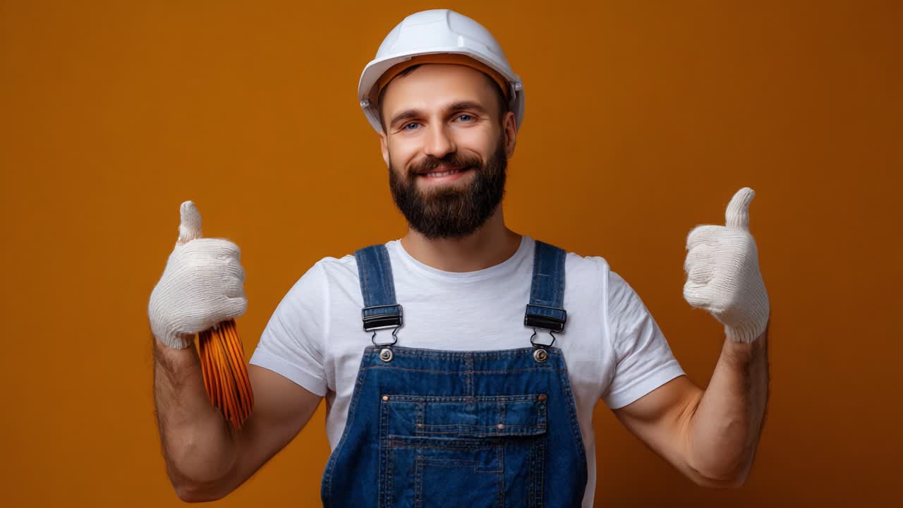 Um trabalhador alegre de macacão e chapéu, fazendo um sinal de positivo, irradiando confiança e profissionalismo em um plano de fundo laranja brilhante