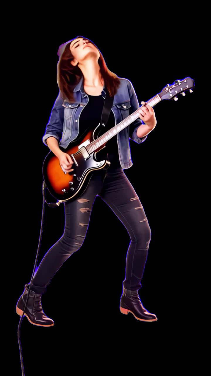Rockgitarristen-Animation als isoliertes Asset, transparentes 4K-Video, Alphakanal, ProRes 4444