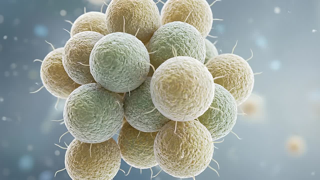 Grappolo di Cellule Biologiche in Primo Piano che Rappresenta la Formazione dei Tessuti e la Crescita Cellulare in Ambito Scientifico.