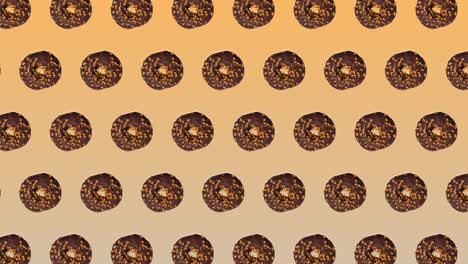 animación abstractamente colorida - rosquillas con chocolate y caramelo moviéndose hacia el lado en fondo de gradiente amarillo - bucle sin costuras. concepto de panadería y comida