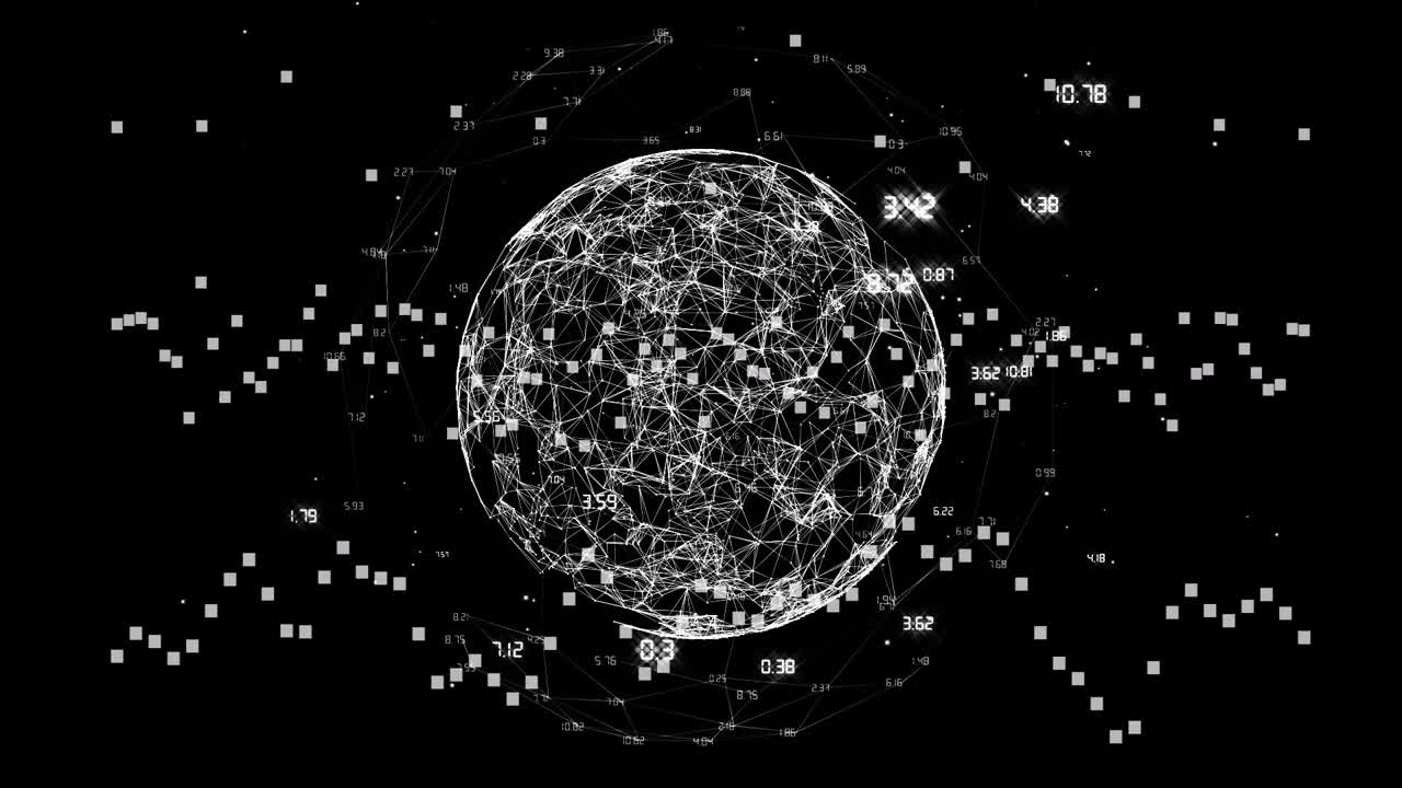 Globo digitale animato con nodi interconnessi e punti dati su sfondo nero