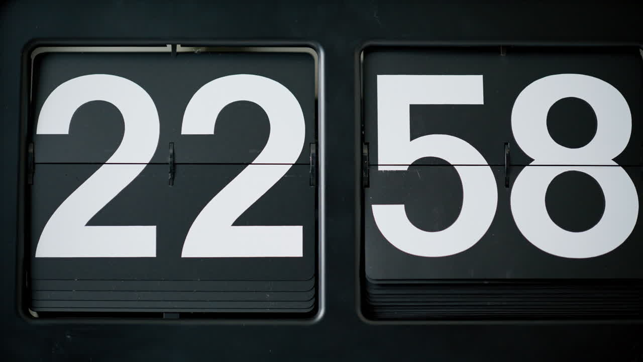 Retro flip clock switching time closeup. Macro view numbers changing in rhythm