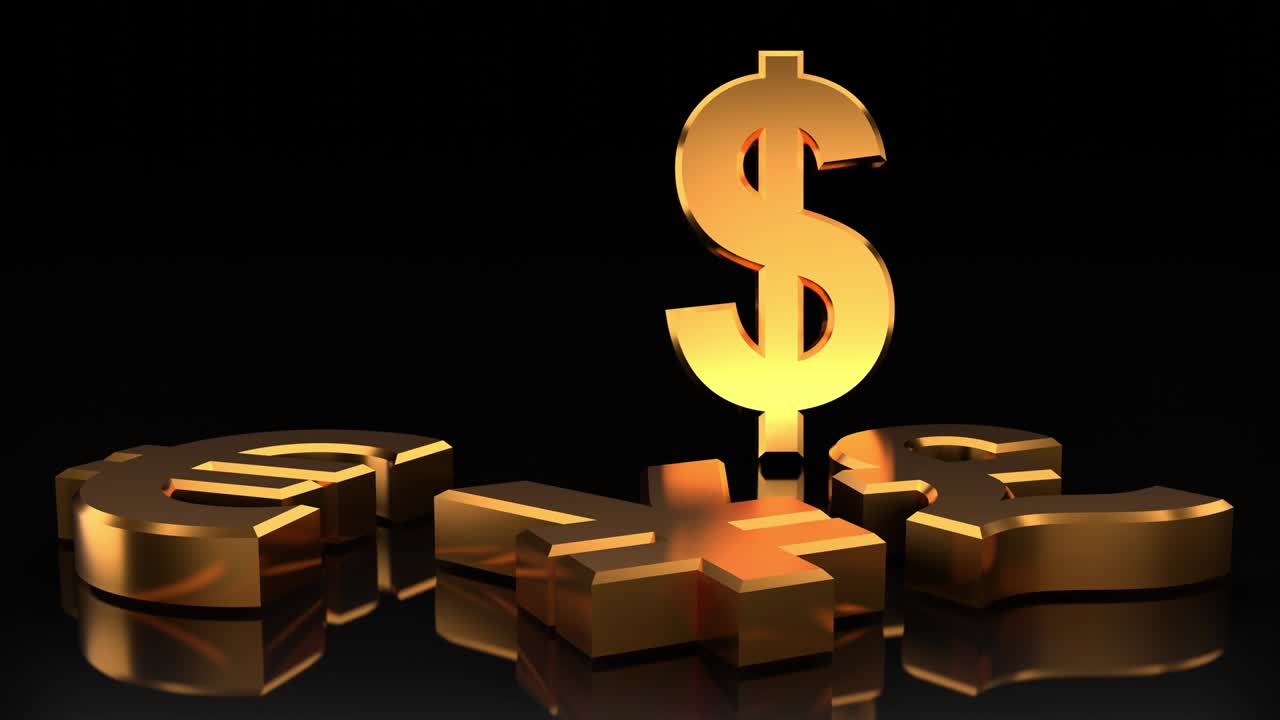 Currencies sign. 3D loop animation with 4K resolution.
