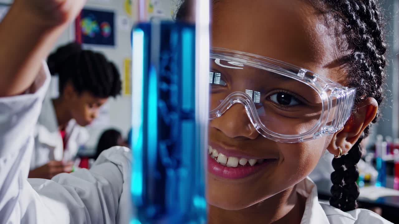 Close-up video shot of a young girl in safety goggles in a science classroom, with a blurred
