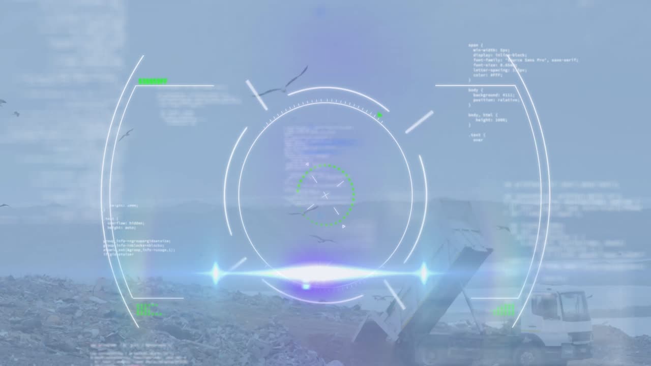 ⁇ 은 하늘을 배경으로 쓰레기 매립장에서의 데이터와 함께 회전하는 그래픽 원의 애니메이션