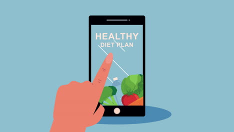 animación de un plan de dieta saludable con la mano usando un teléfono inteligente