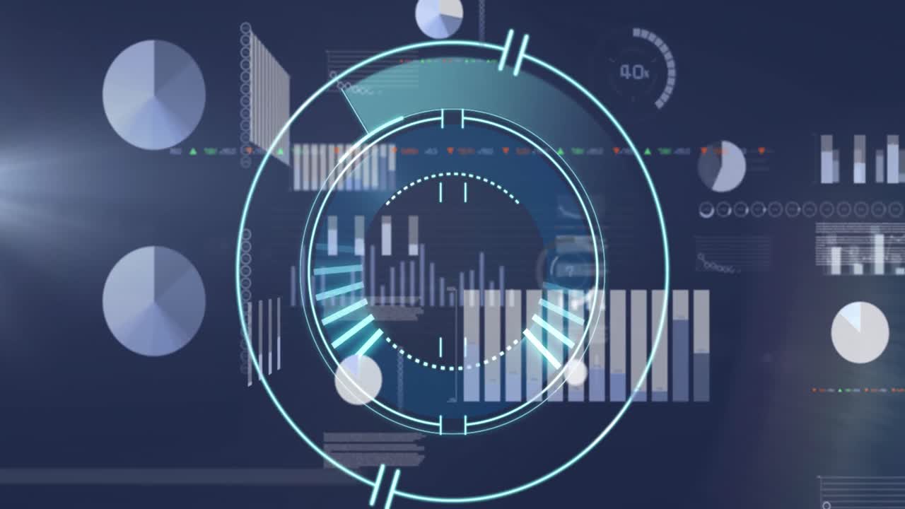 파란색 배경에 대한 통계 데이터 처리에 대한 둥근 스캐너의 애니메이션