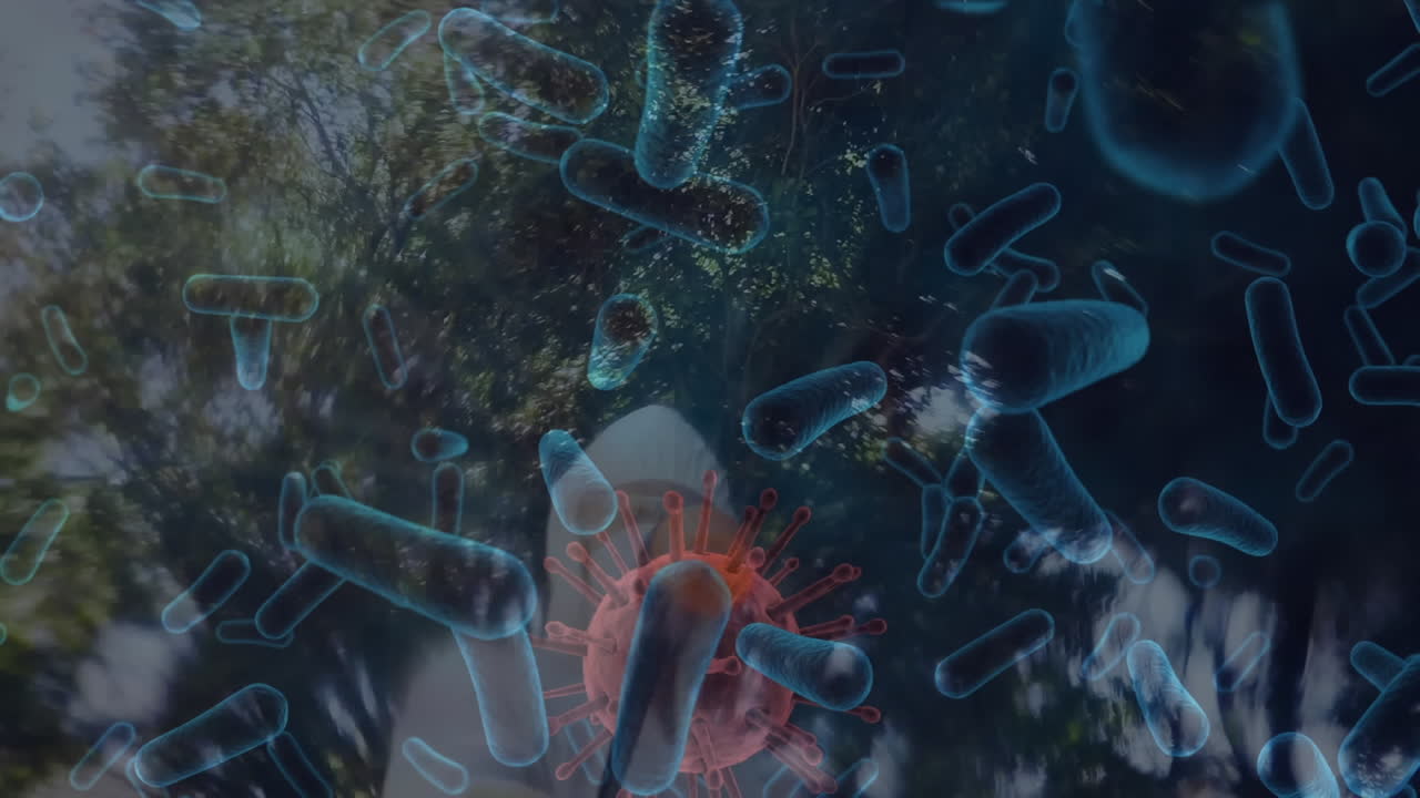 animación de células de virus sobre un trabajador de la salud en traje de protección personal desinfectando con spray